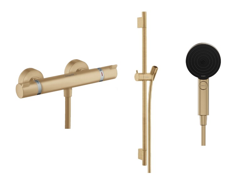 Hansgrohe Baterie dus hansgrohe ecostat, aparenta, termostat, coloana dus, 3 functii, mat, bronz, 13116140-1st
