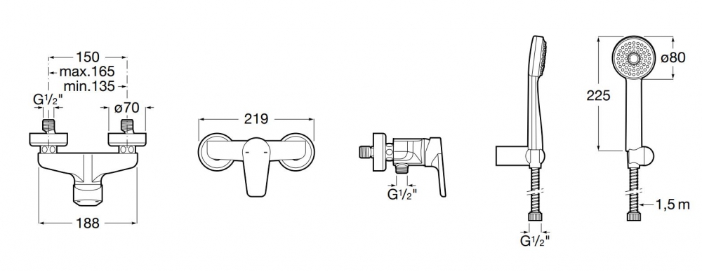 Baterie dus Roca A5A2A1BC0K, 0.6 bar, 80 mm, 1.7 m, 133 mm, 219 mm, 2 orificii instalare, 1 functii para dus, Crom