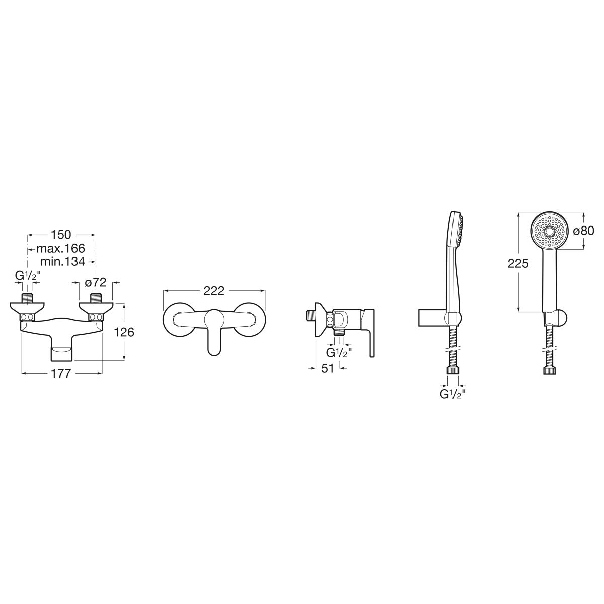 Baterie dus Roca A5A206AC0K, 0.6 bar, 80 mm, 1.7 m, 133 mm, 215 mm, 2 orificii instalare, 1 functii para dus, Crom
