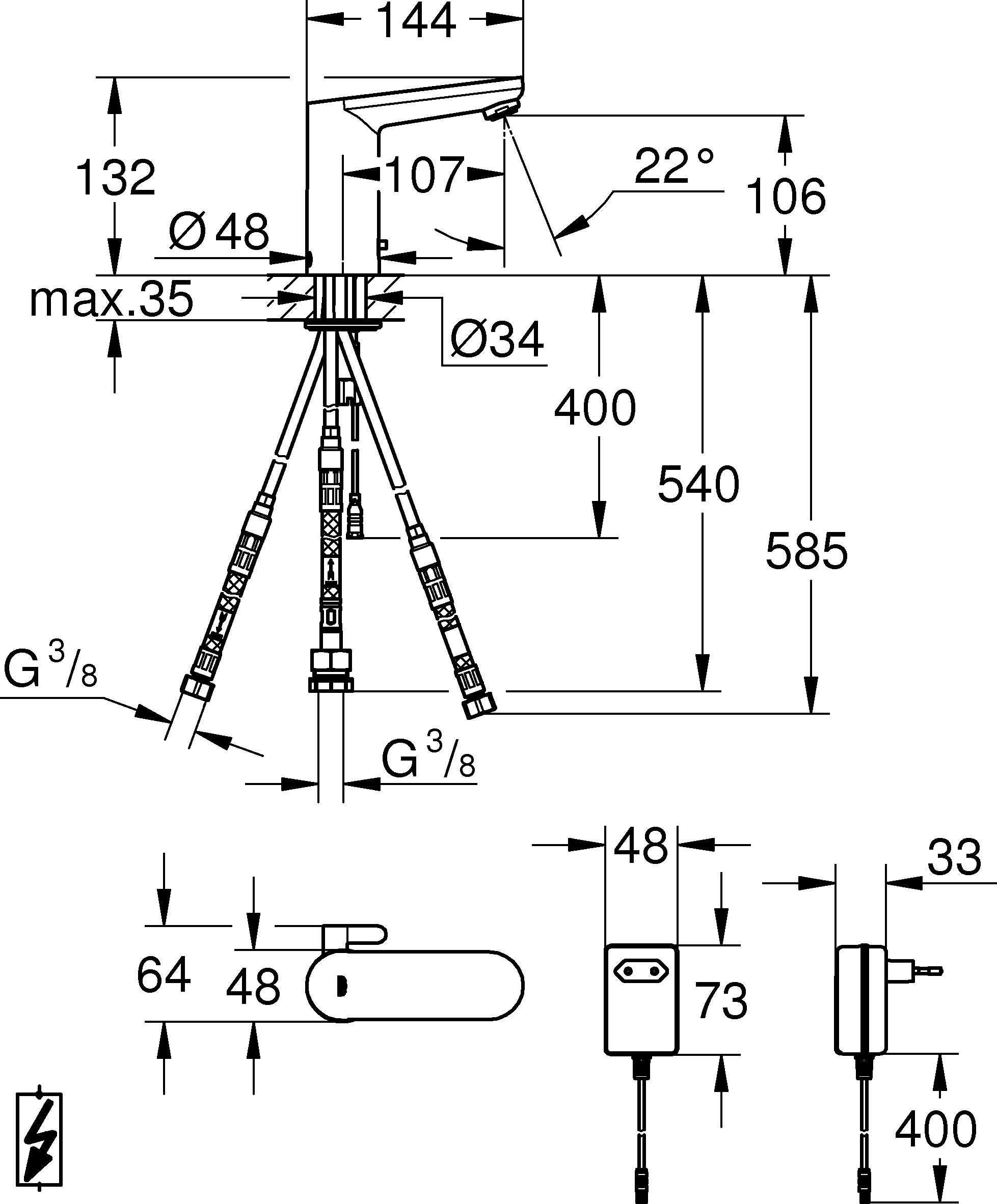 Baterie lavoar cu senzor Grohe 36324001, 1 bar, 132 mm, 144 mm, 550 mm, 7 programe, 1 orificii instalare, Crom