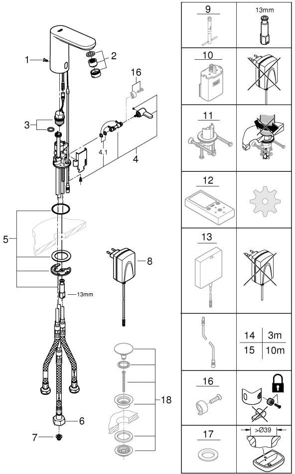 Baterie lavoar cu senzor Grohe 36324001, 1 bar, 132 mm, 144 mm, 550 mm, 7 programe, 1 orificii instalare, Crom