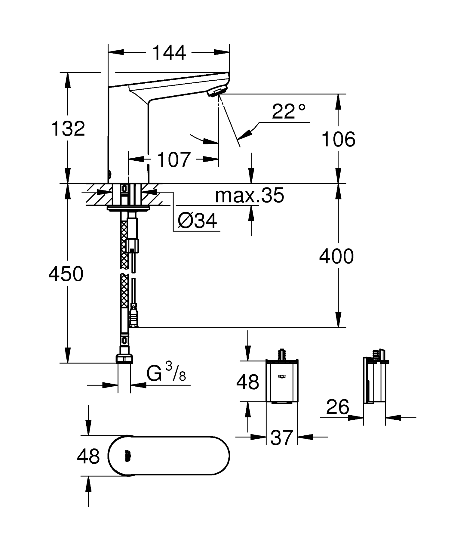 Baterie cu senzor Grohe 36439000, pentru lavoar, montaj pe blat, pe la