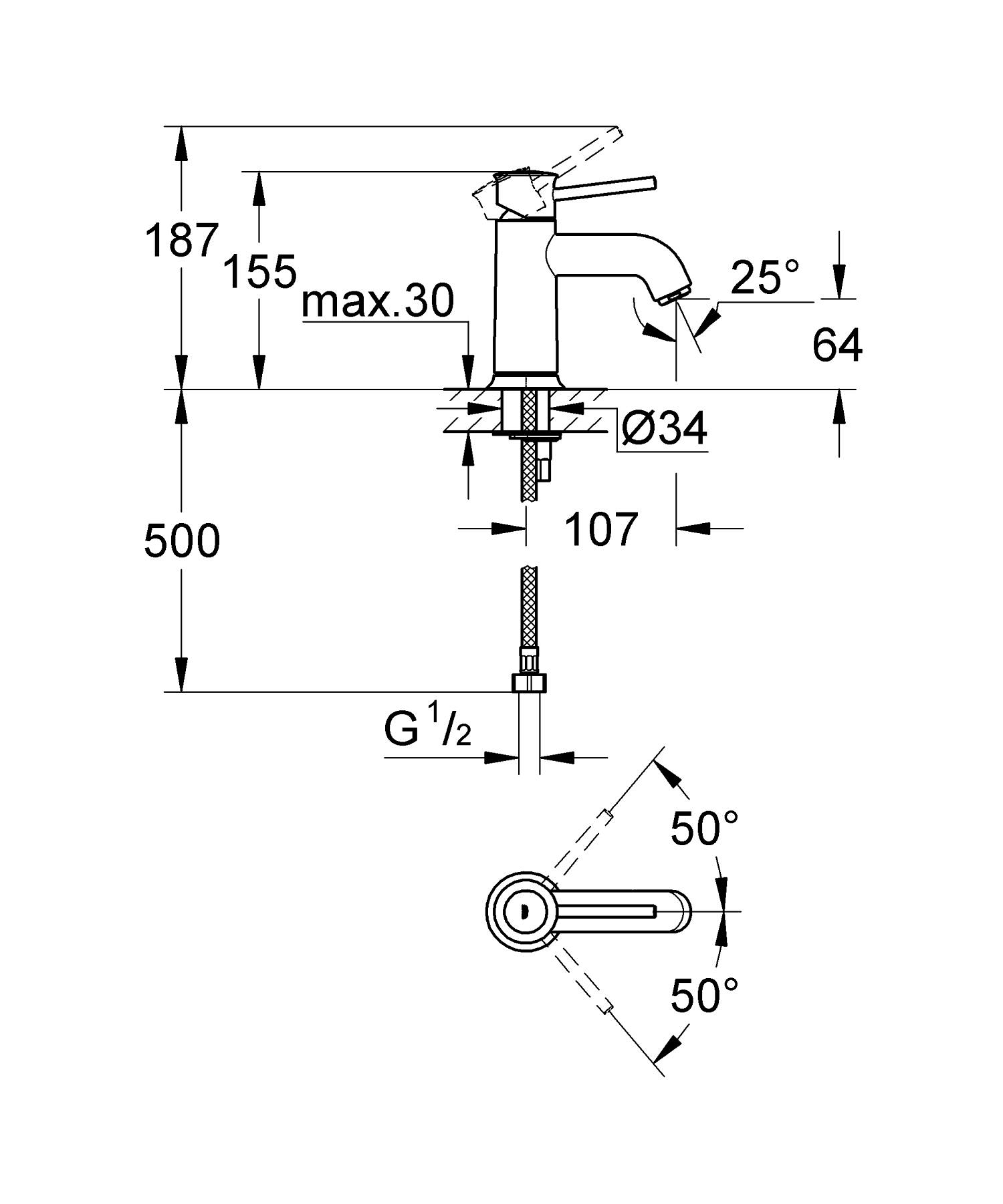 Baterie lavoar Grohe 32863000, BauClassic, tip comanda monocomanda, ti