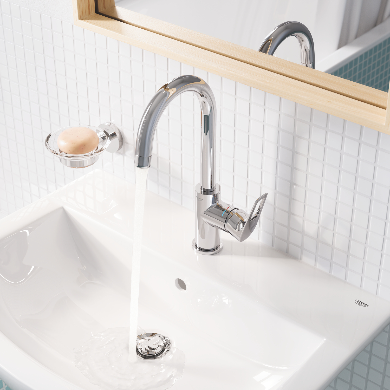 Grohe Baterie lavoar grohe bauloop 23763001, 3/8'', monocomanda, marimea l, cartus ceramic, pivotanta, limitator, set evacuare cu
