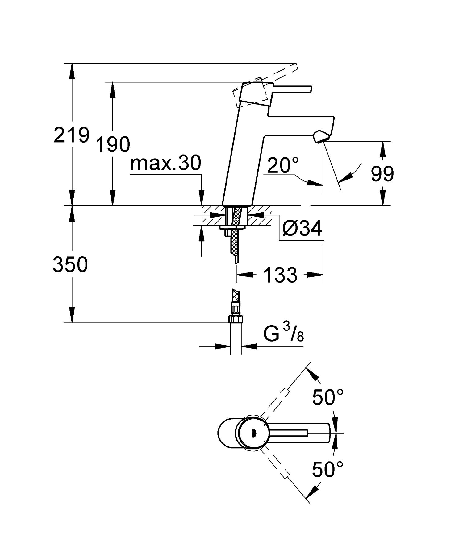 Baterie lavoar Grohe 23451001, 28 mm, 5.7 l/min, 0.3 bar, 35 mm, 190 mm, 133 mm, 485 mm, 1 orificii instalare, Crom