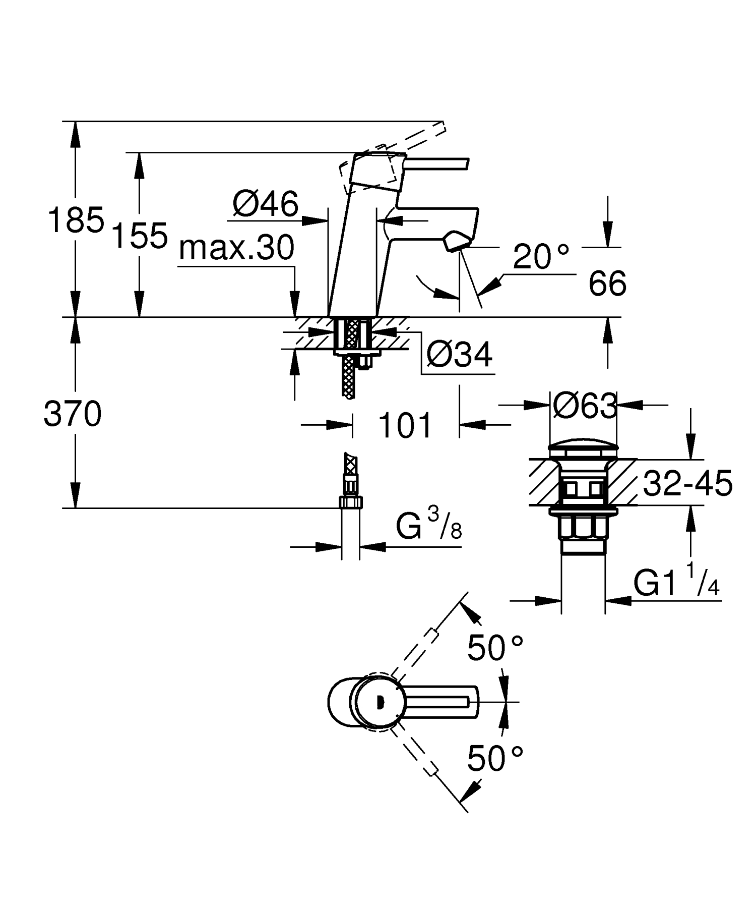 Baterie lavoar Grohe 23931001, 28 mm, 5.7 l/min, 0.3 bar, 35 mm, 155 mm, 101 mm, 370 mm, 1 orificii instalare, Crom