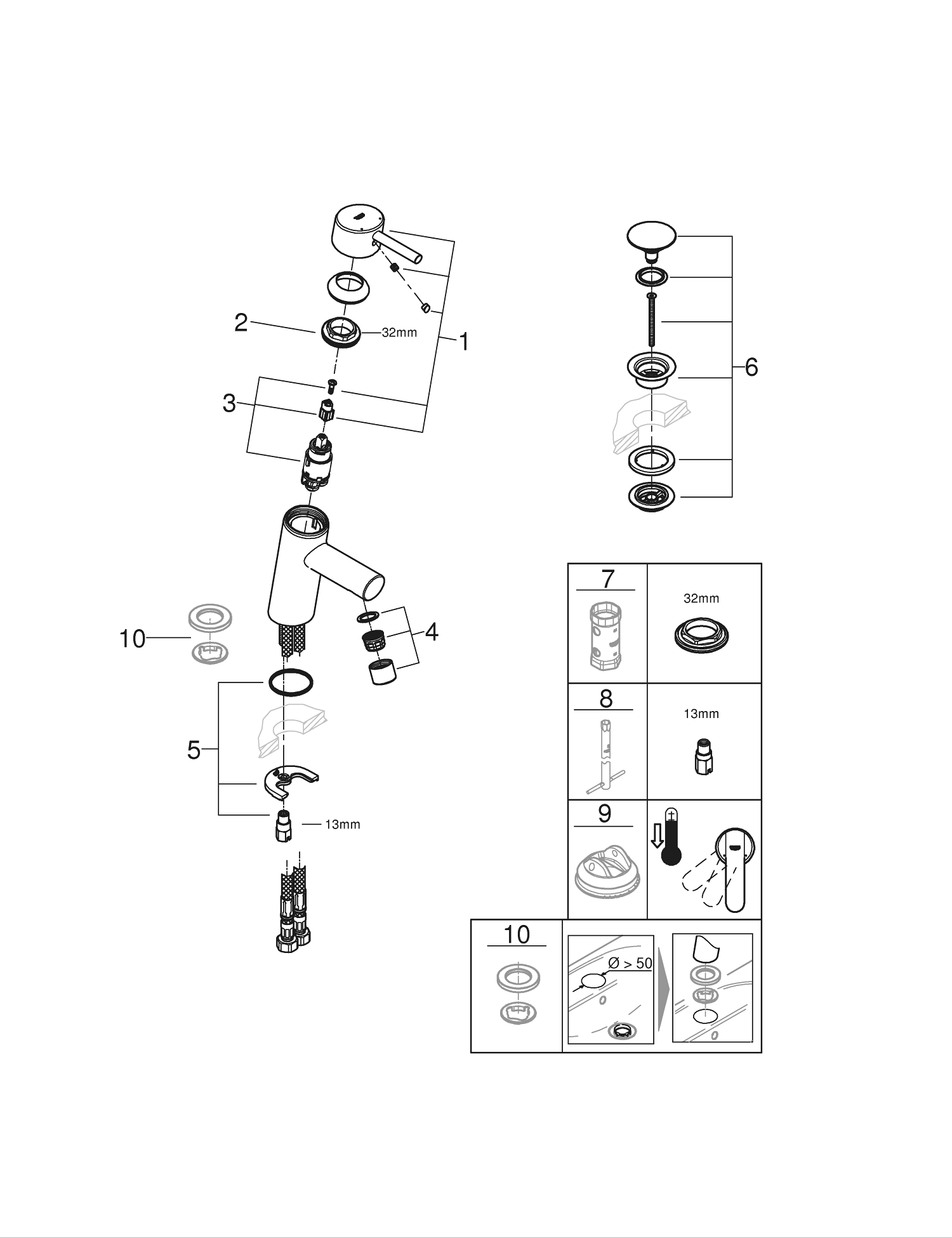 Baterie lavoar Grohe 23931001, 28 mm, 5.7 l/min, 0.3 bar, 35 mm, 155 mm, 101 mm, 370 mm, 1 orificii instalare, Crom