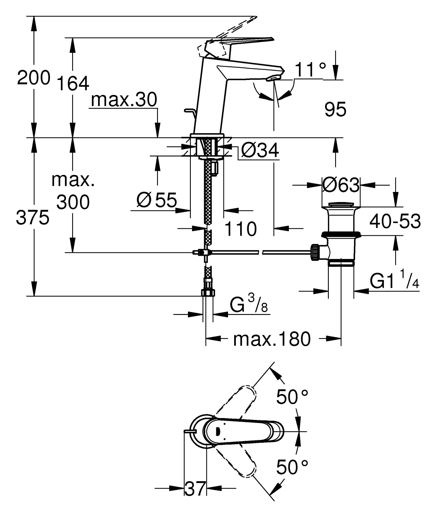Baterie lavoar Grohe 23049002, Eurodisc Cosmo, tip comanda monocomanda