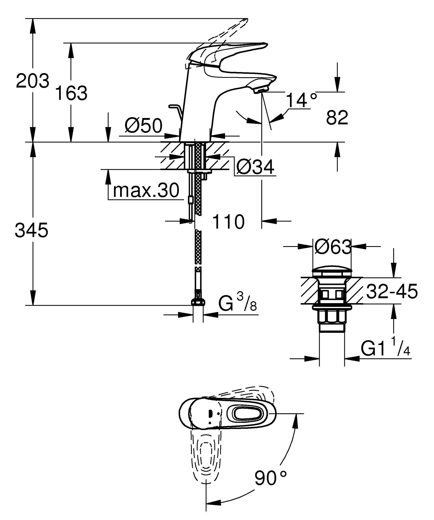 Baterie lavoar Grohe 23930003, Eurostyle, tip comanda monocomanda, tip