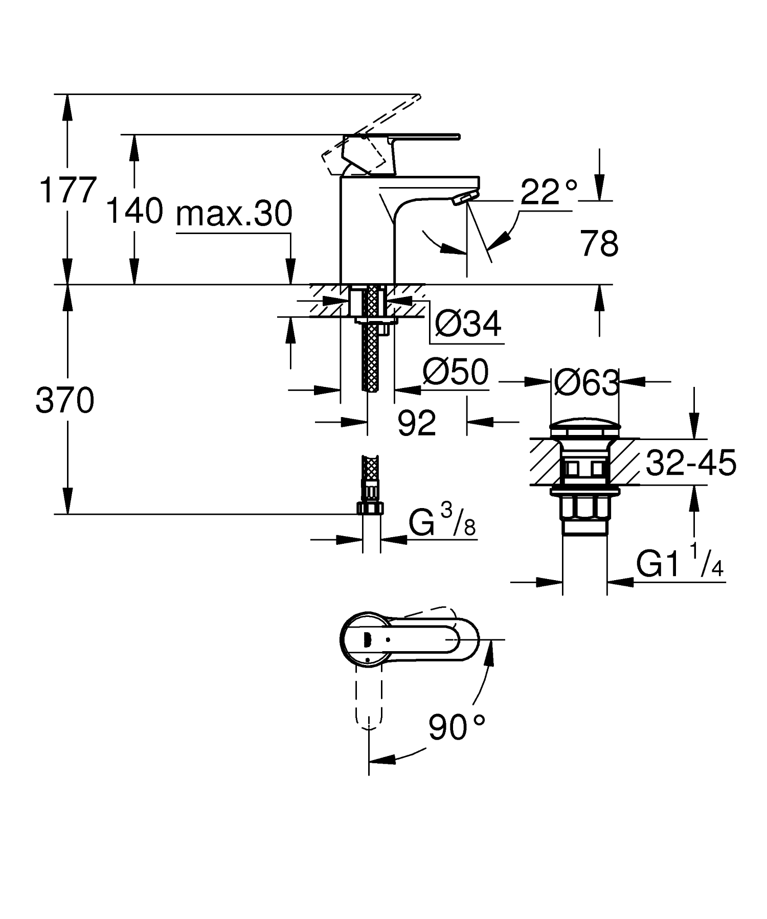Baterie lavoar Grohe 23586000, Get, tip comanda monocomanda, tip insta