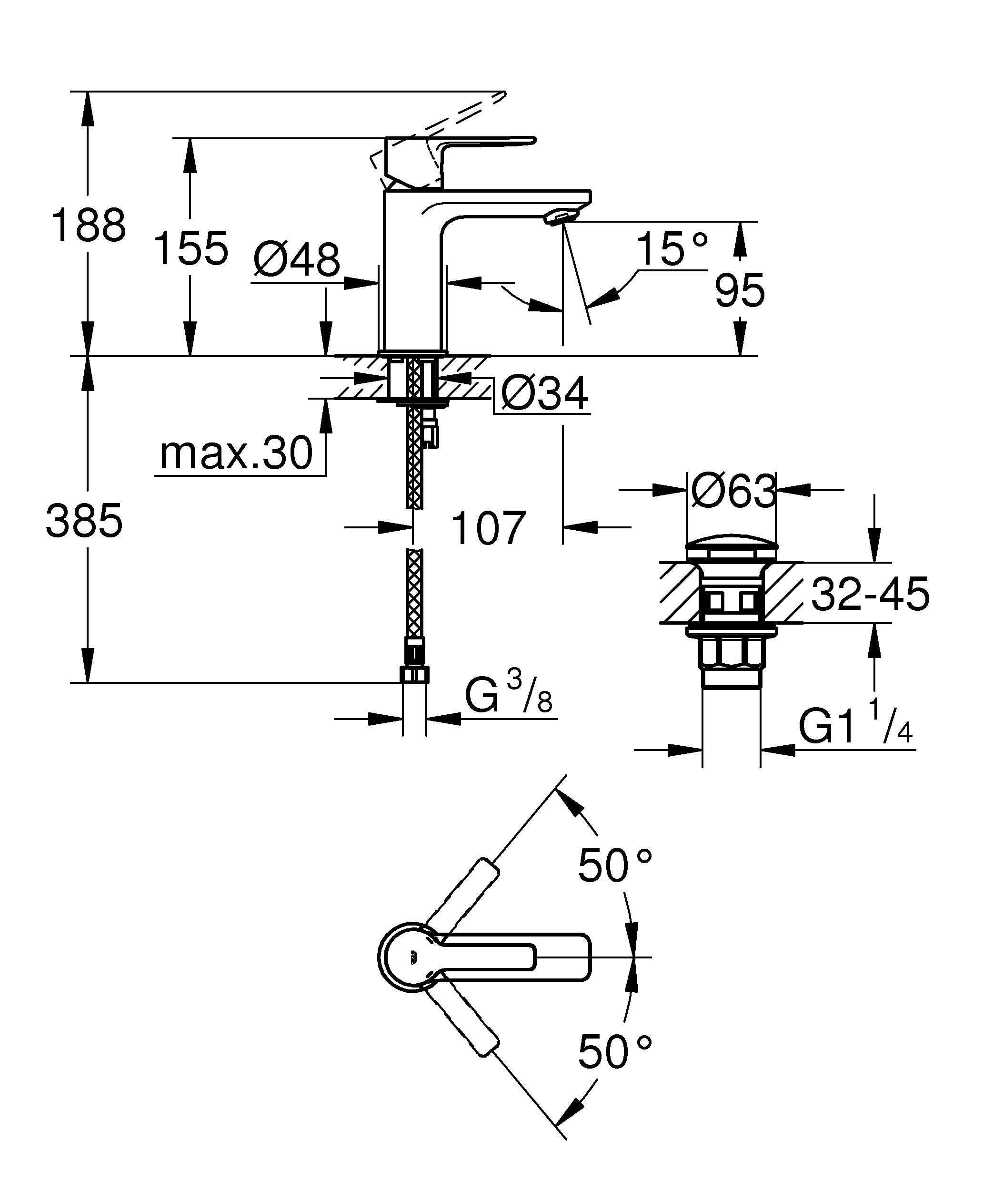 Baterie lavoar Grohe 23791001, Lineare, tip comanda monocomanda, tip i