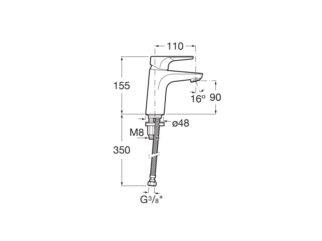 Baterie lavoar Roca A5A3290C00, 28 mm, 5 l/min, 0.5 bar, 35 mm, 155 mm, 110 mm, 350 mm, 1 orificii instalare, Crom