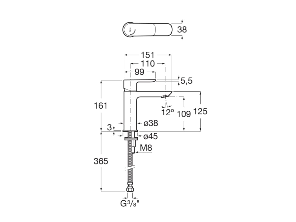 Baterie lavoar Roca A5A326EB00, 28 mm, 5 l/min, 0.5 bar, 35 mm, 161 mm, 151 mm, 365 mm, 1 orificii instalare, Alb