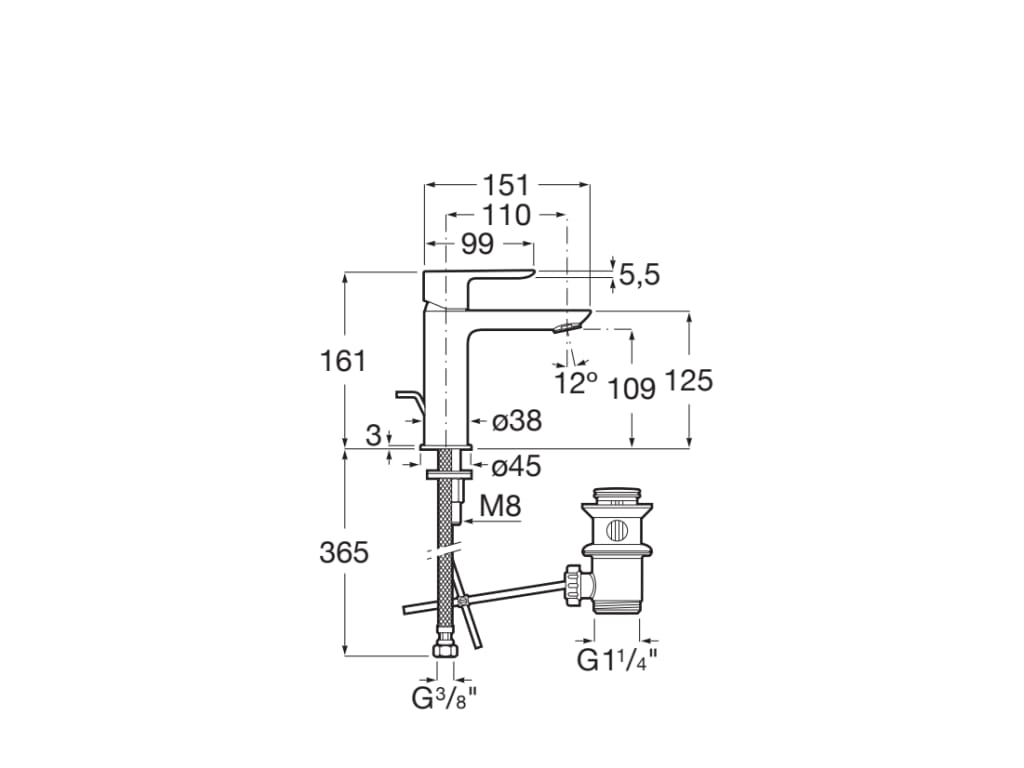 Baterie lavoar Roca A5A306EC00, 28 mm, 5 l/min, 0.5 bar, 35 mm, 161 mm, 110 mm, 365 mm, 1 orificii instalare, Crom