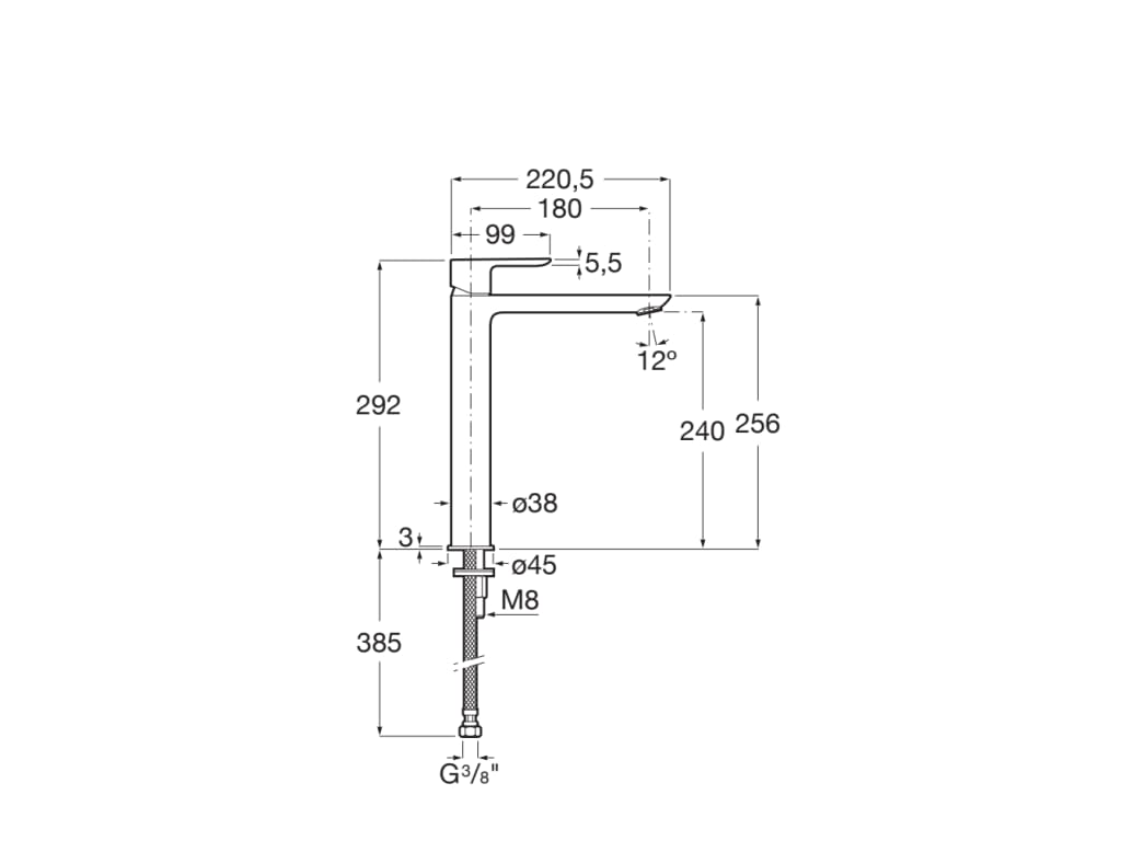 Baterie lavoar Roca A5A346EC00, 28 mm, 5 l/min, 0.5 bar, 35 mm, 292 mm, 220 mm, 385 mm, 1 orificii instalare, Crom