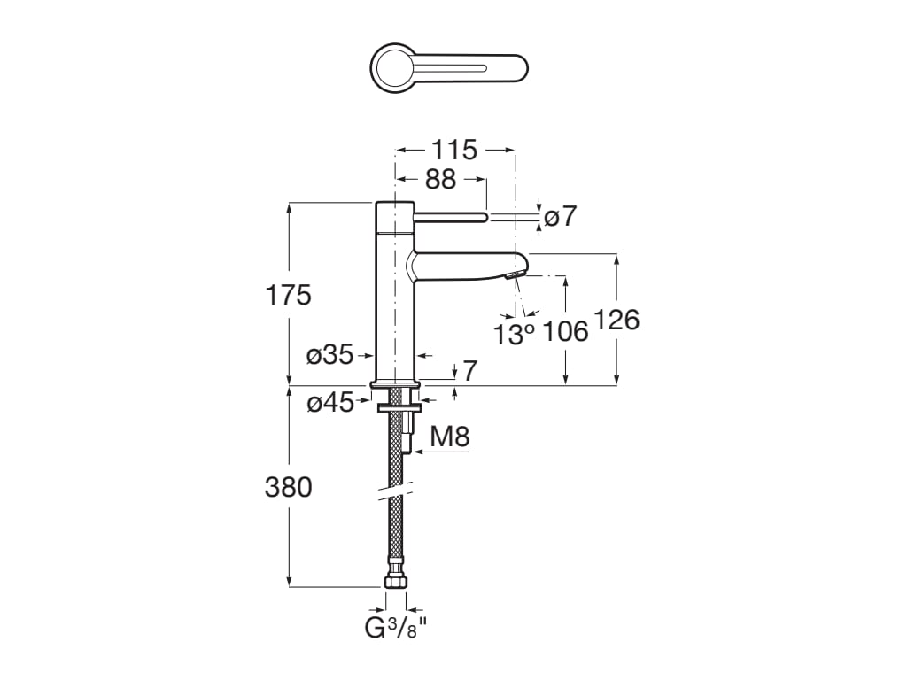 Baterie lavoar Roca A5A323FP00, 28 mm, 5 l/min, 0.5 bar, 35 mm, 175 mm, 115 mm, 380 mm, 1 orificii instalare, Albastru