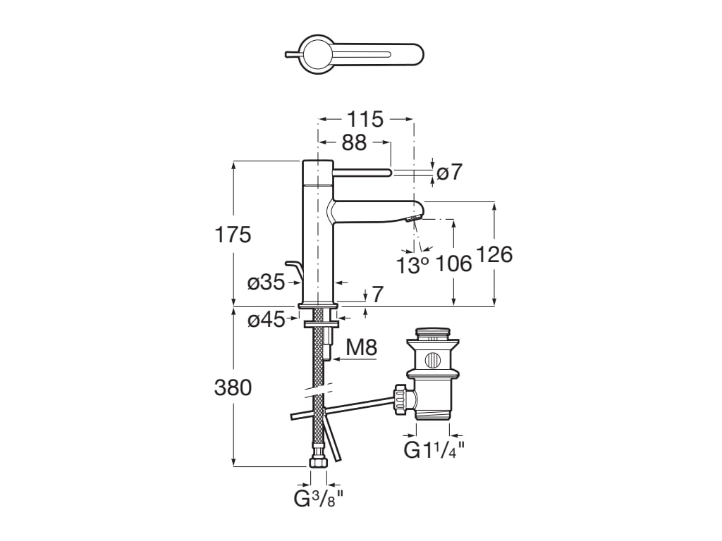 Baterie lavoar Roca A5A303FC00, 28 mm, 5 l/min, 0.5 bar, 35 mm, 175 mm, 115 mm, 380 mm, 1 orificii instalare, Crom