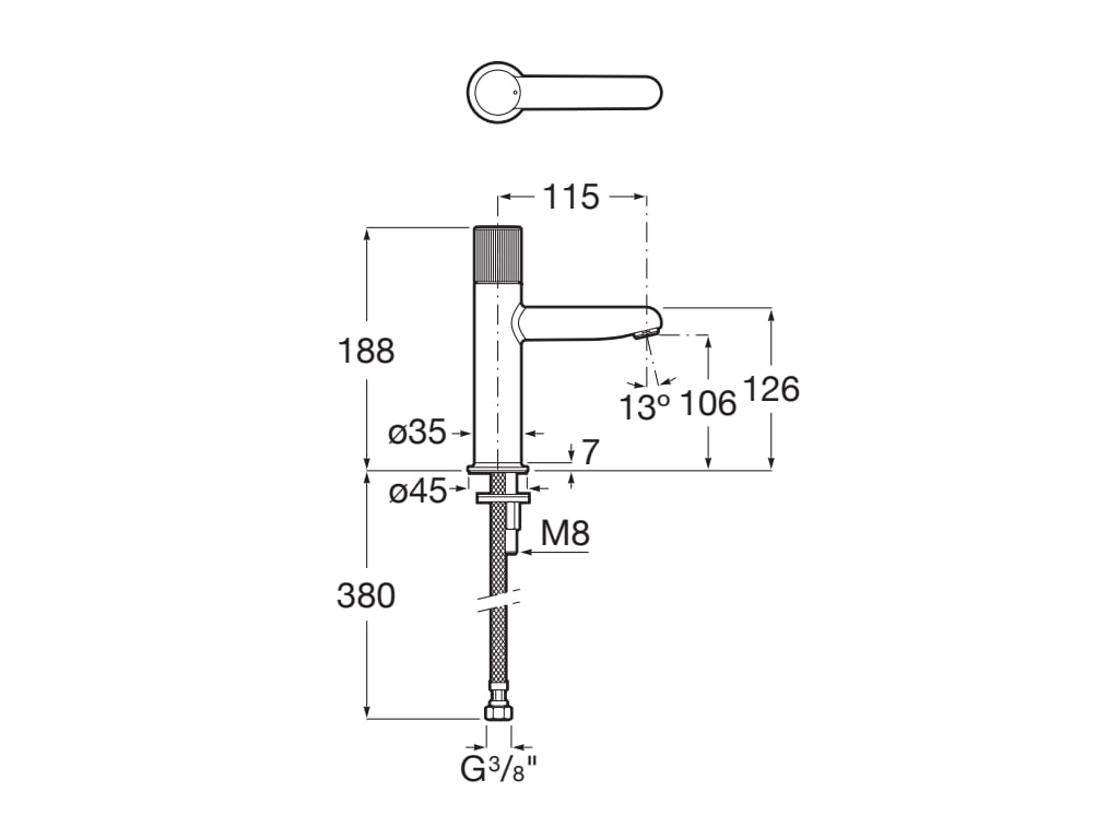 Baterie lavoar Roca A5A3B3FP30, 28 mm, 5 l/min, 0.5 bar, 35 mm, 188 mm, 115 mm, 380 mm, 1 orificii instalare, Alb