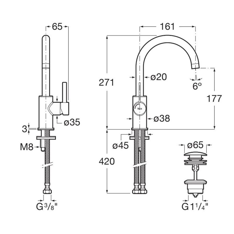 Baterie lavoar Roca A5A4A9ENB0, 28 mm, 5 l/min, 0.5 bar, 35 mm, 271 mm, 161 mm, 420 mm, 1 orificii instalare, Negru