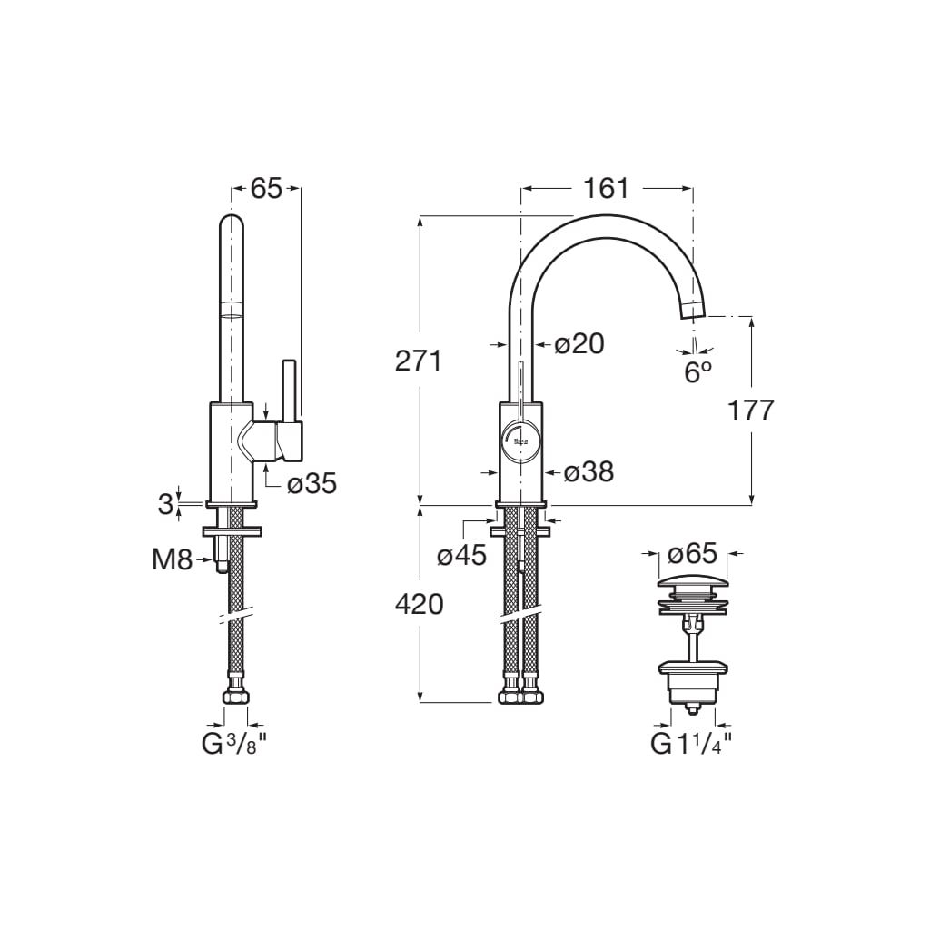 Baterie lavoar Roca A5A4A9EC00, 28 mm, 5 l/min, 0.5 bar, 35 mm, 271 mm, 161 mm, 420 mm, 1 orificii instalare, Crom