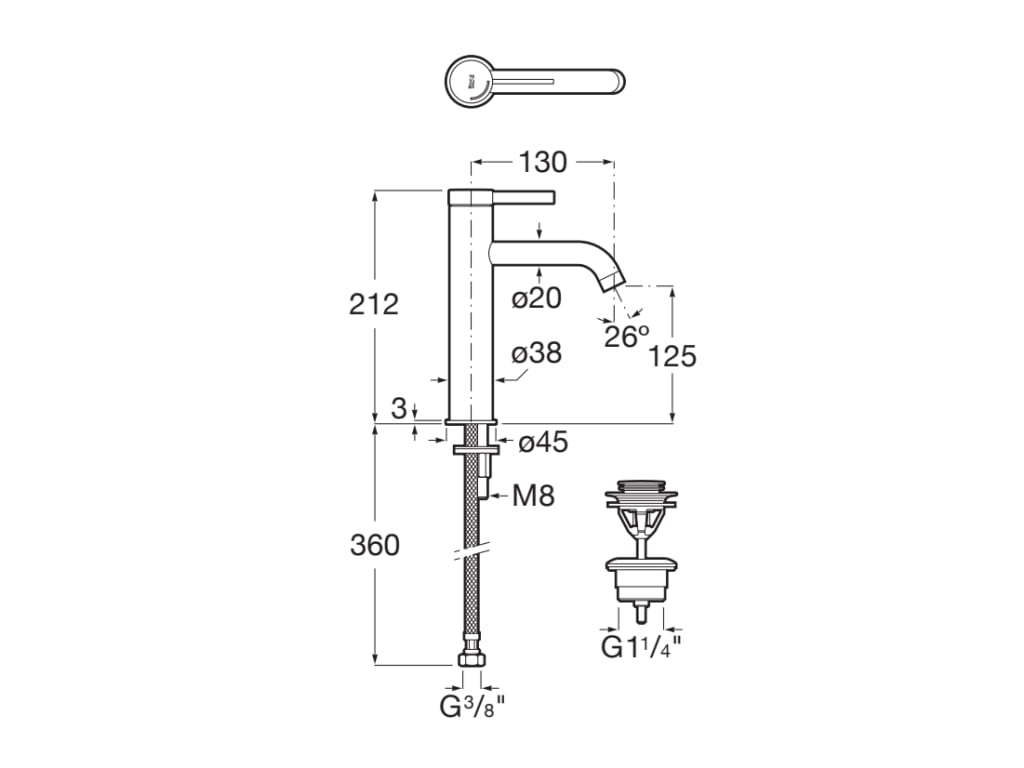 Baterie lavoar Roca A5A3C9ENB0, 28 mm, 5 l/min, 0.5 bar, 35 mm, 212 mm, 130 mm, 360 mm, 1 orificii instalare, Negru