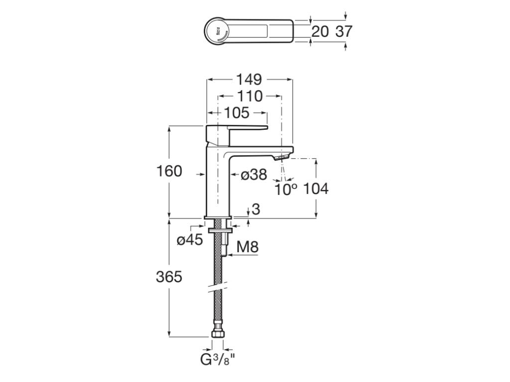 Baterie lavoar Roca A5A325FC00, 28 mm, 5 l/min, 0.5 bar, 35 mm, 160 mm, 149 mm, 365 mm, 1 orificii instalare, Crom