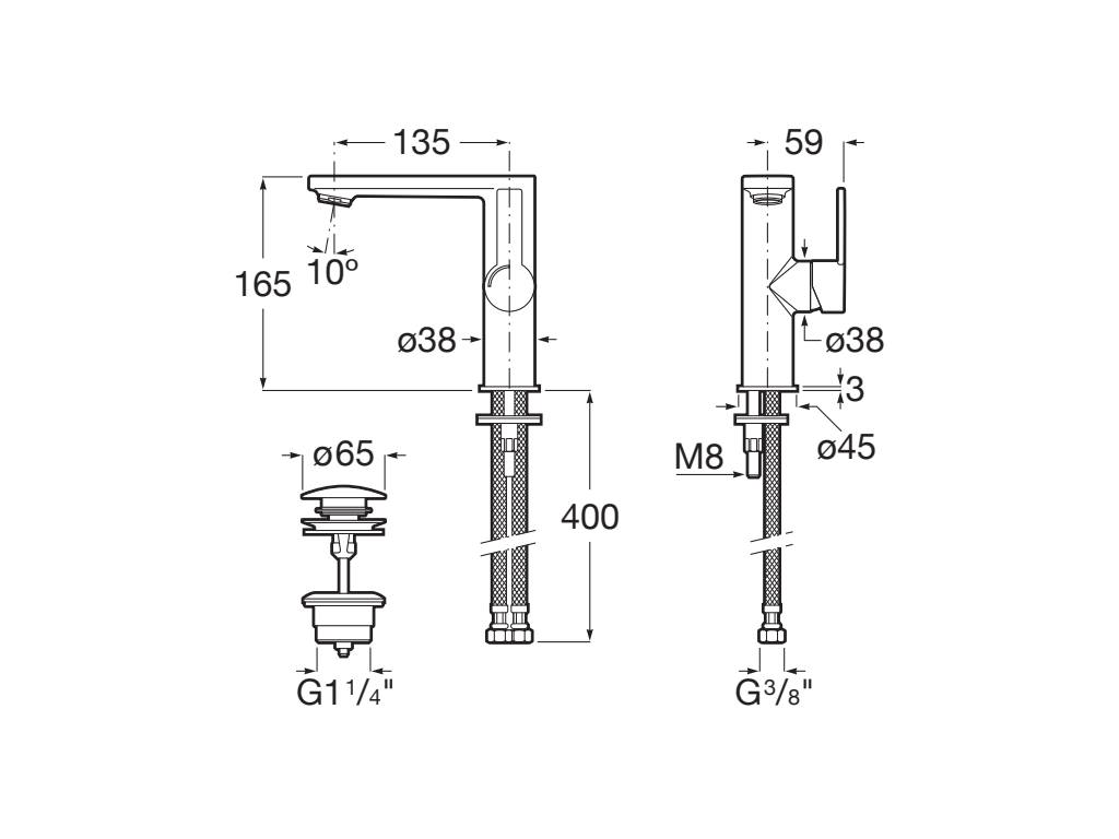 Baterie lavoar Roca A5A405FB00, 28 mm, 5 l/min, 0.5 bar, 35 mm, 165 mm, 135 mm, 400 mm, 1 orificii instalare, Alb