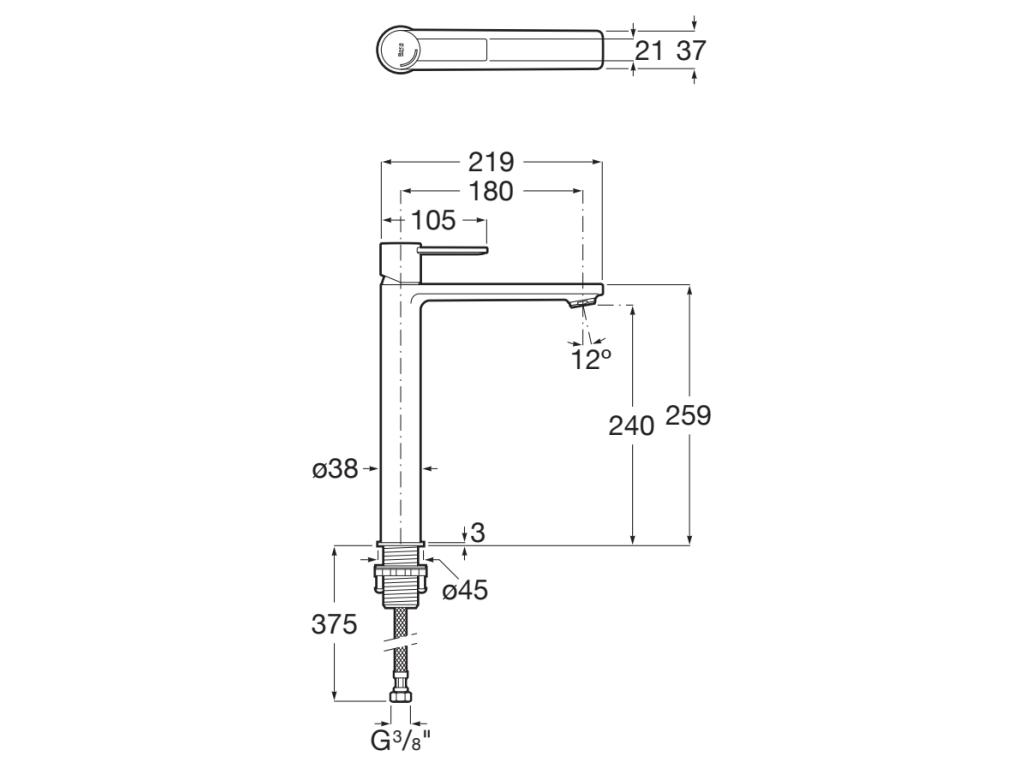 Baterie lavoar Roca A5A345FSM0, 28 mm, 5 l/min, 0.5 bar, 35 mm, 289 mm, 219 mm, 375 mm, Otel satinat