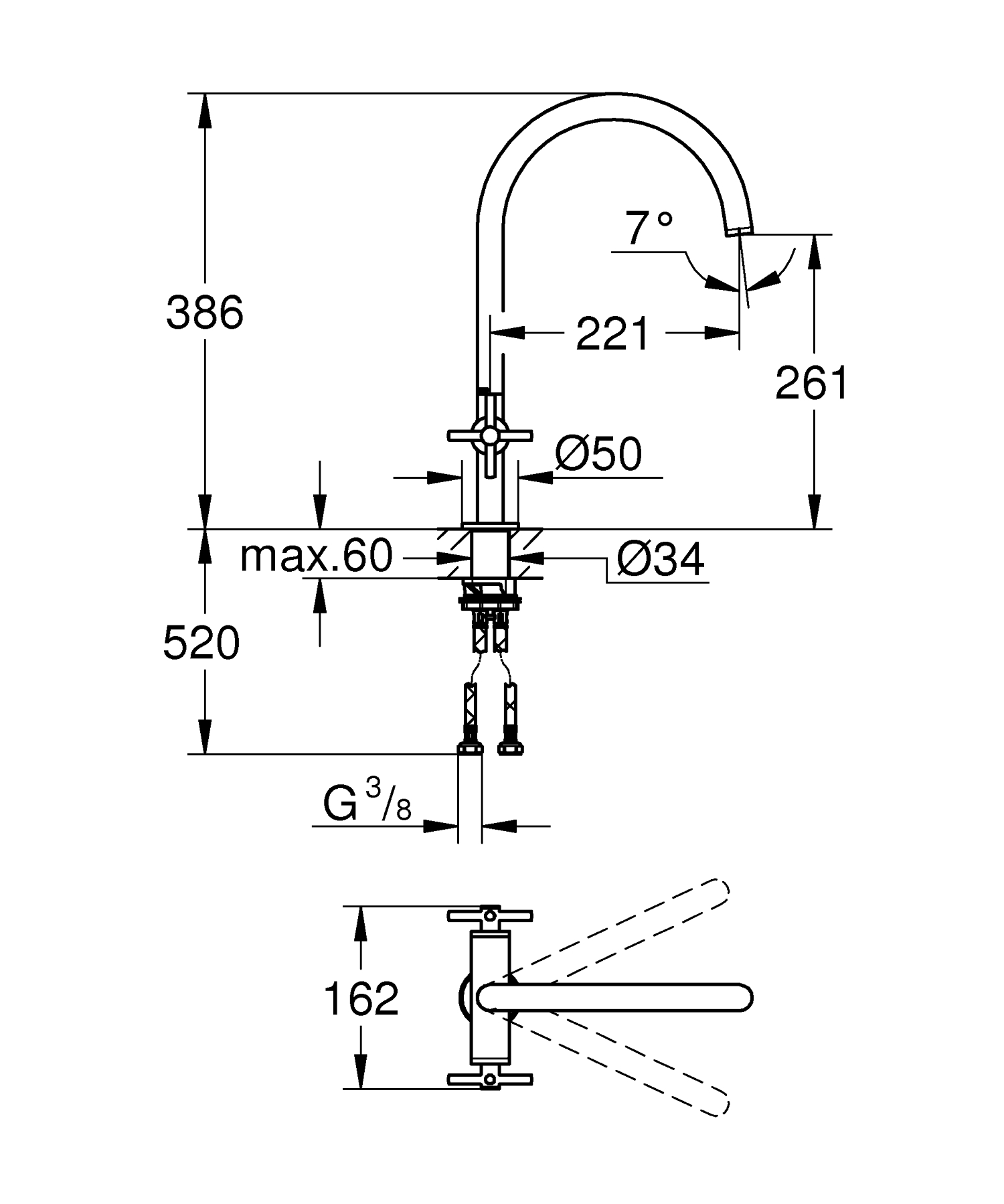 Baterie de bucatarie Grohe 30362000, 1 bar, 386 mm, 221 mm, 1 orificii instalare, 1 sprayuri, 360 unghi pivotare, Crom