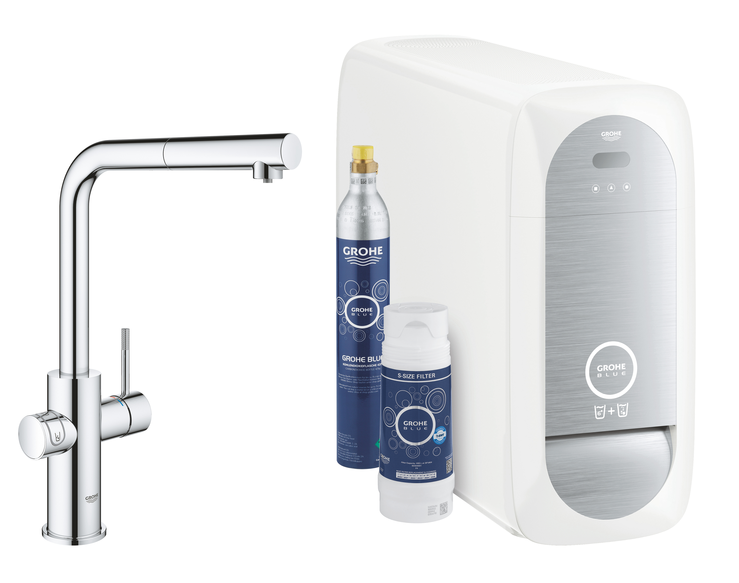 Grohe Baterie bucatarie grohe blue home 31539000, 3/8'', tip l, inalta, filtrare, racire, apa carbogazoasa, dus extractabil, crom