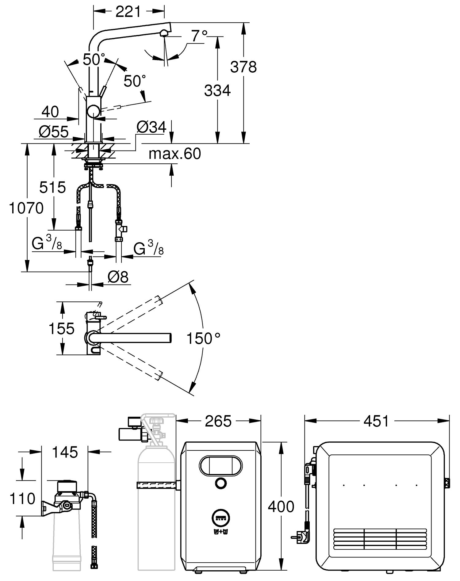 Baterie cu filtrare, Baterie apa minerala Grohe 31347003, bucatarie Bl