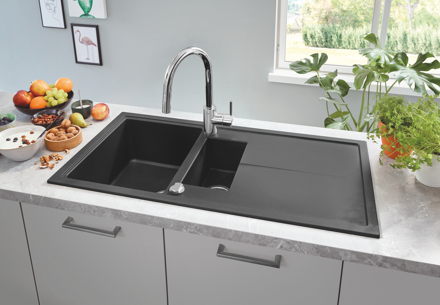 Baterie bucatarie Grohe 31483002, 1 bar, 381 mm, 223 mm, 1 orificii instalare, 2 sprayuri, 360 unghi pivotare, Crom