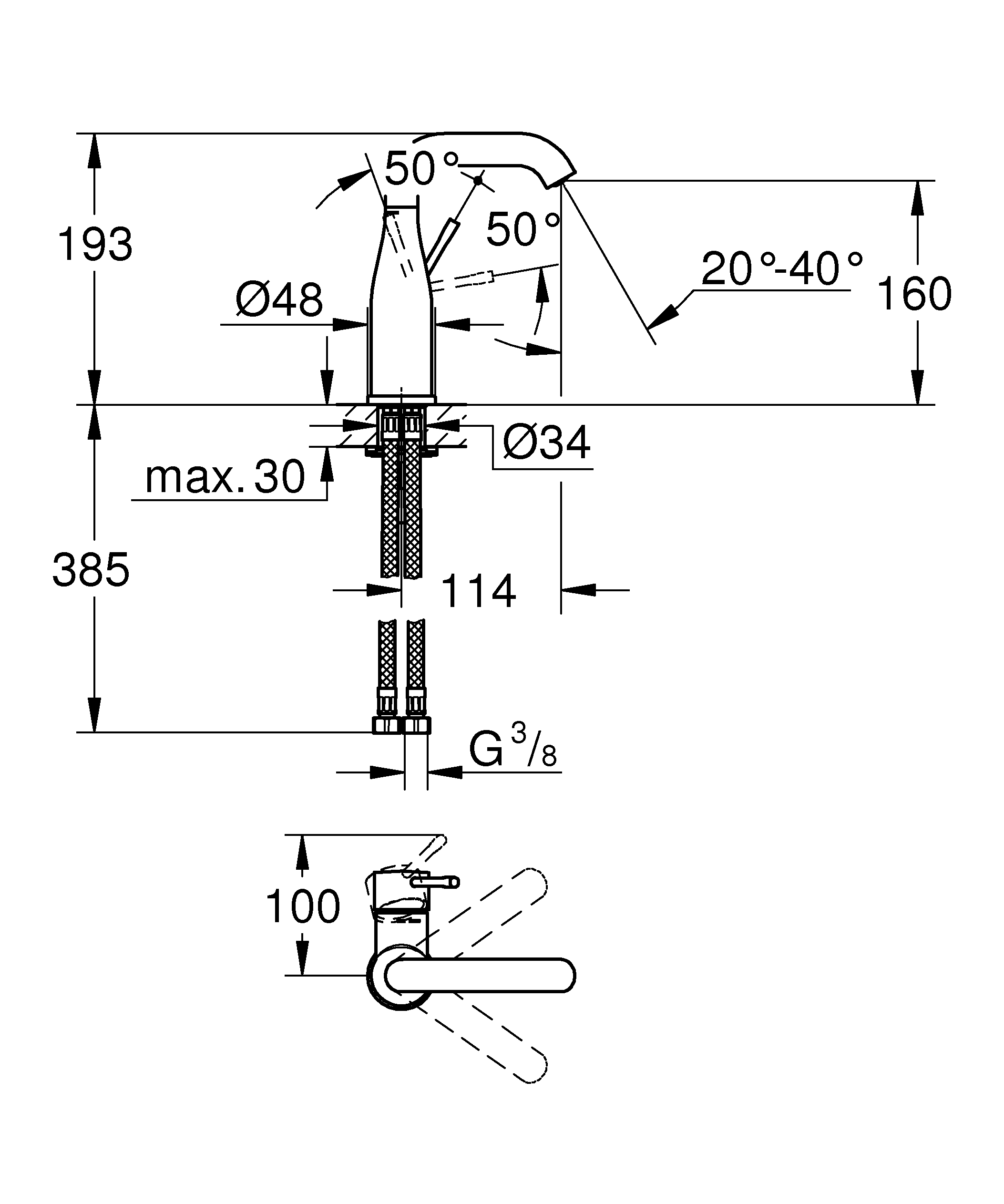 Baterie de lavoar Grohe 23463001, 28 mm, 1 bar, 35 mm, 193 mm, 114 mm, 385 mm, 1 orificii instalare, Crom