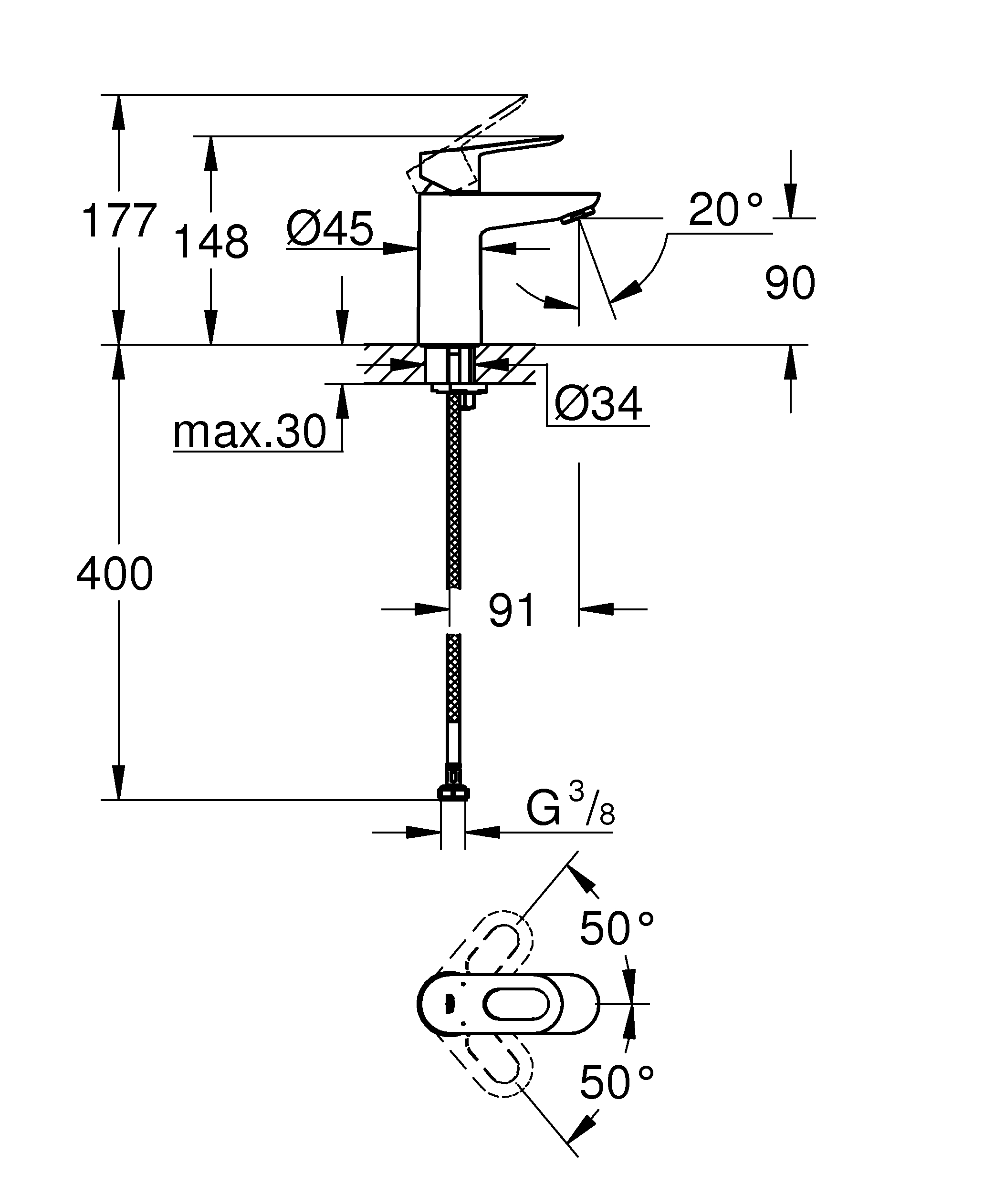 Baterie lavoar Grohe 23337000, 28 mm, 1 bar, 35 mm, 148 mm, 91 mm, 400 mm, 1 orificii instalare, Crom
