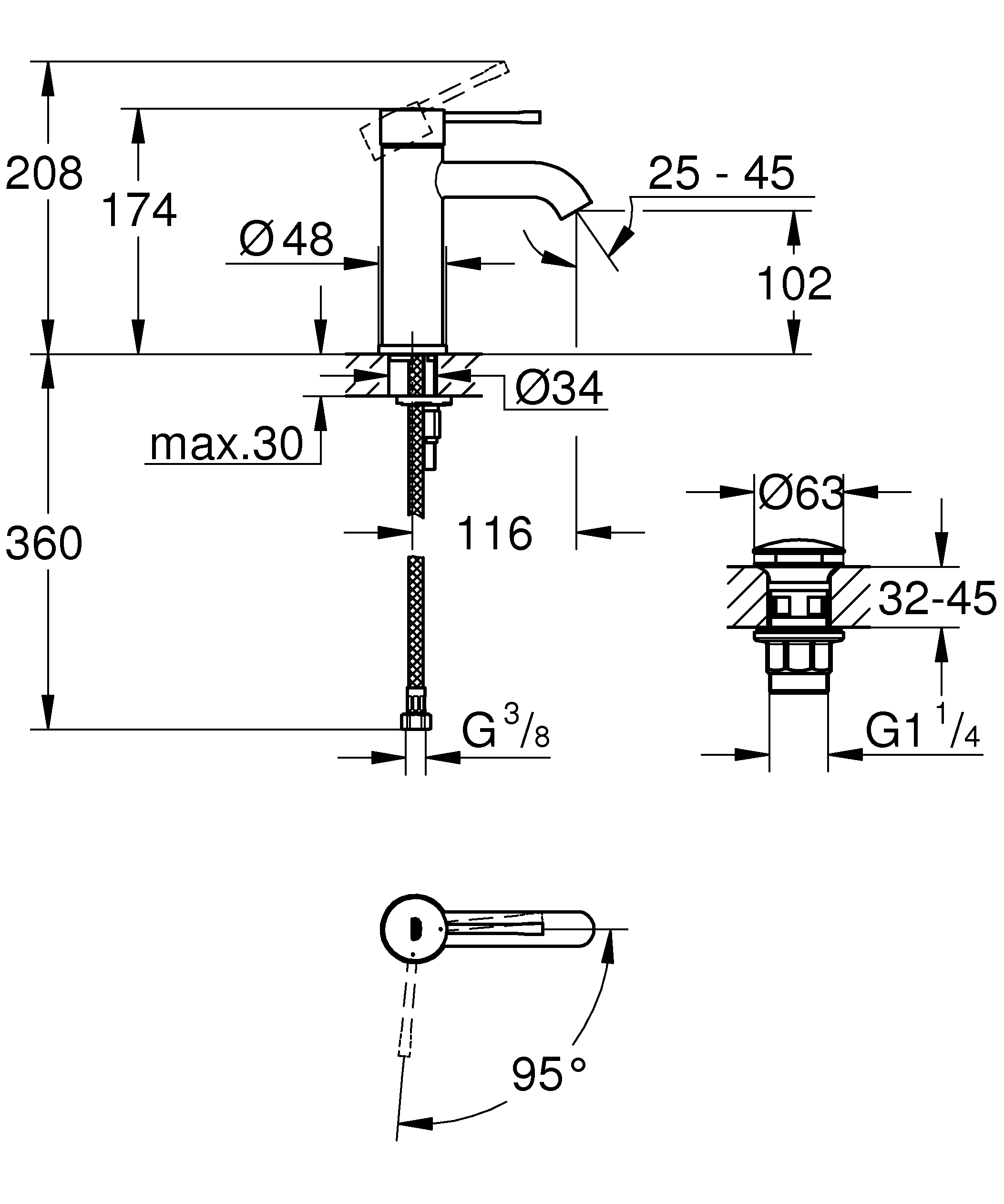 Baterie lavoar Grohe 23797001, Essence, tip comanda monocomanda, tip i