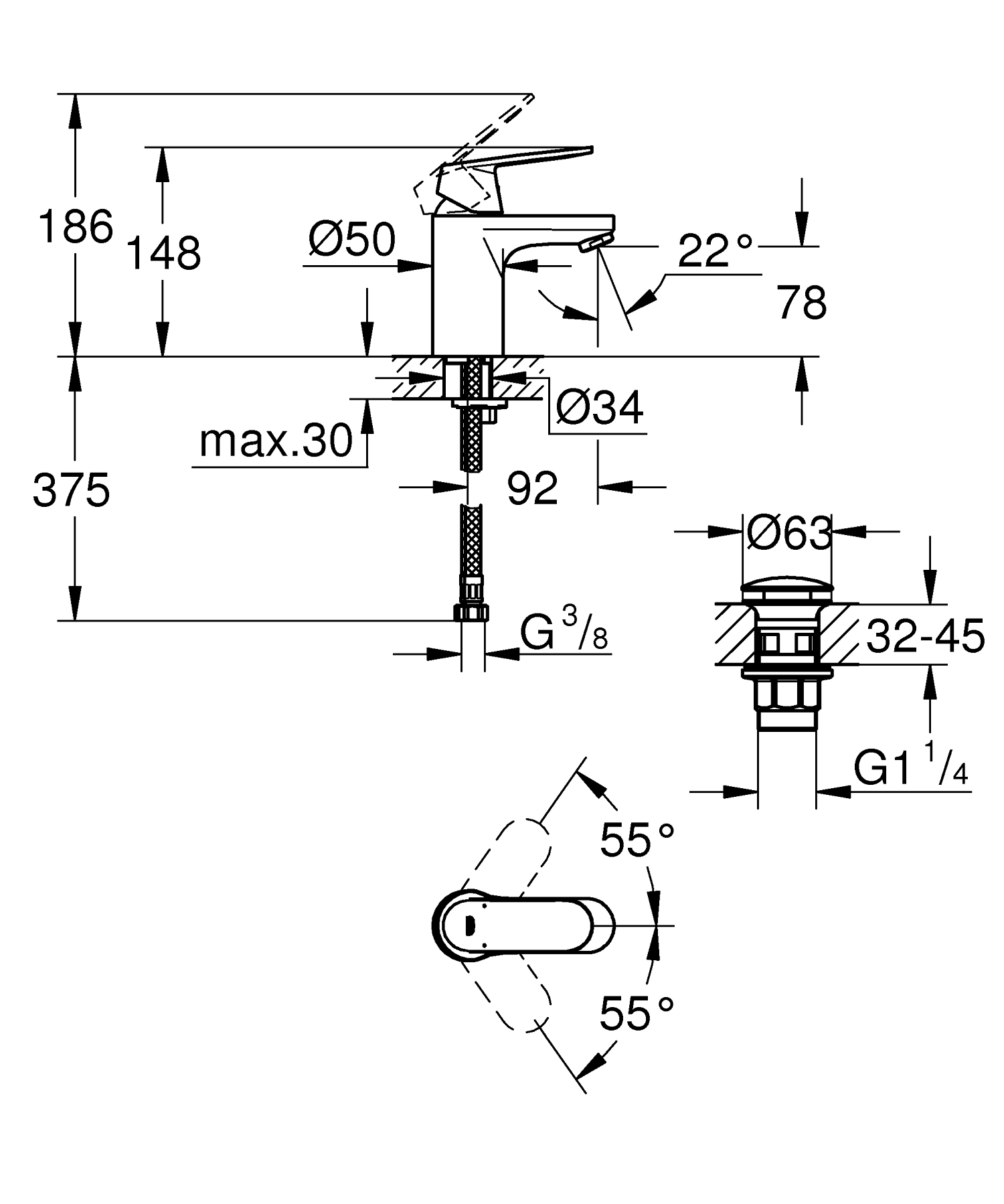 Baterie lavoar Grohe 23925000, 1 bar, 35 mm, 148 mm, 92 mm, 375 mm, 1 orificii instalare, 3/8 dimensiune racord, Crom