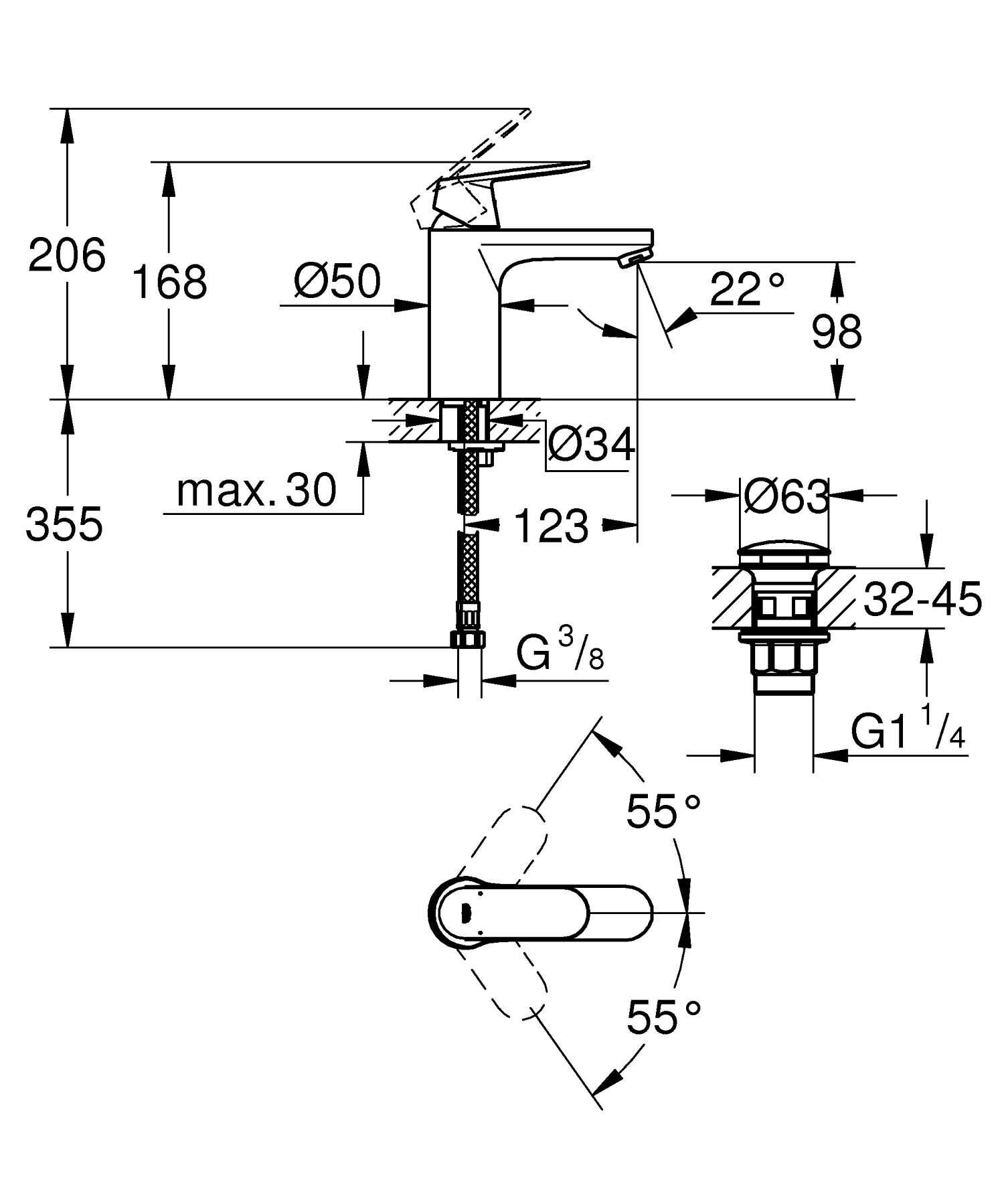 Baterie lavoar Grohe 23926000, Eurosmart Cosmopolitan, tip comanda mon
