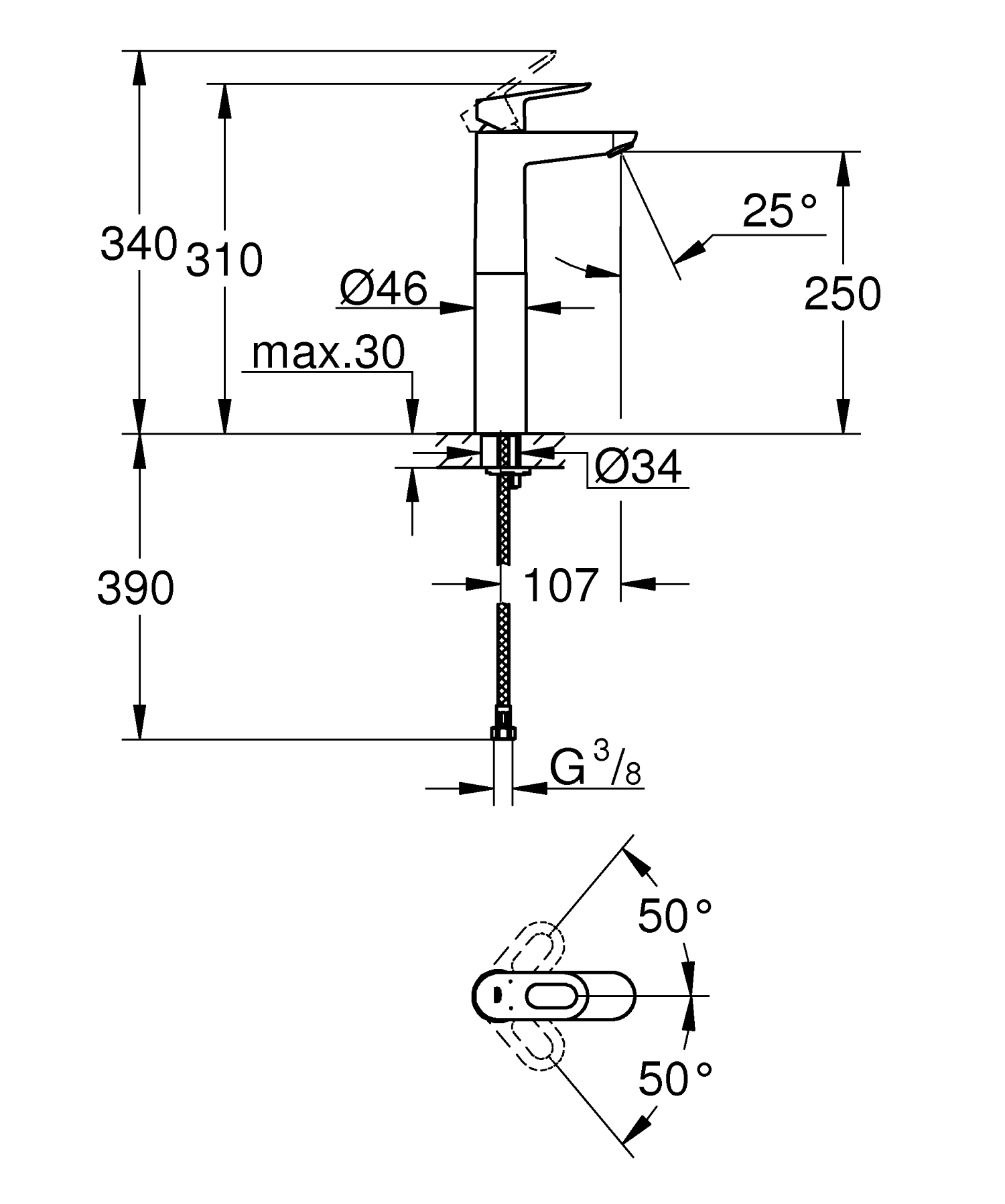 Baterie lavoar Grohe 23764000, 28 mm, 5.7 l/min, 1 bar, 35 mm, 310 mm, 107 mm, 390 mm, 1 orificii instalare, Crom