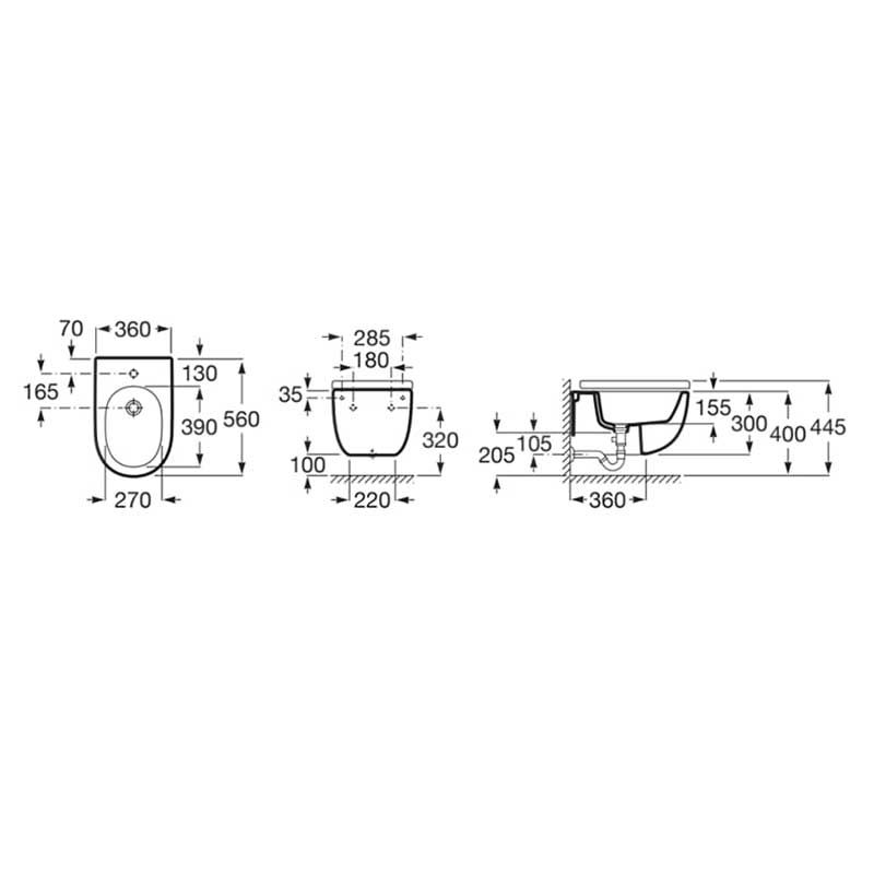 Bideu Roca A357248000, 560 mm, 360 mm, 300 mm, 1 nr orificii baterie, suprafata antiaderent, suspendat, Alb