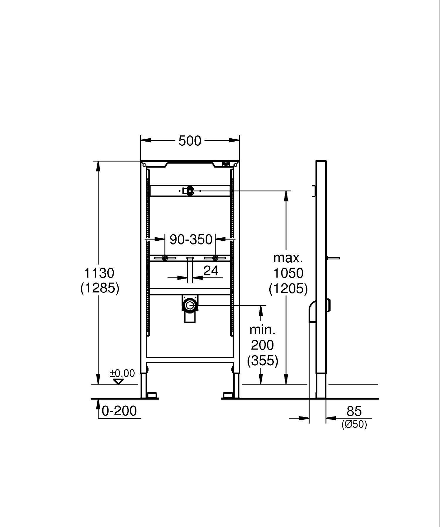 Cadru urinal Grohe 38517001, 1285 mm, 500 mm, 50 mm, 1 moduri spalare, incastrat, uscata, verticala, ajustabil