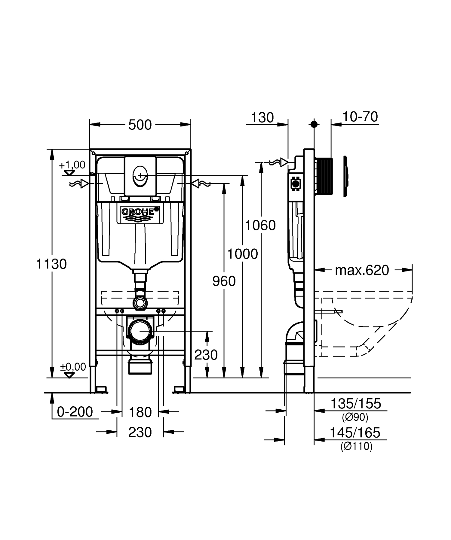 Cadru WC 2in1 Grohe 38764001, 1130 mm, 500 mm, 110, 90 mm, 480 mm, 2 moduri spalare, clapeta Skate alba