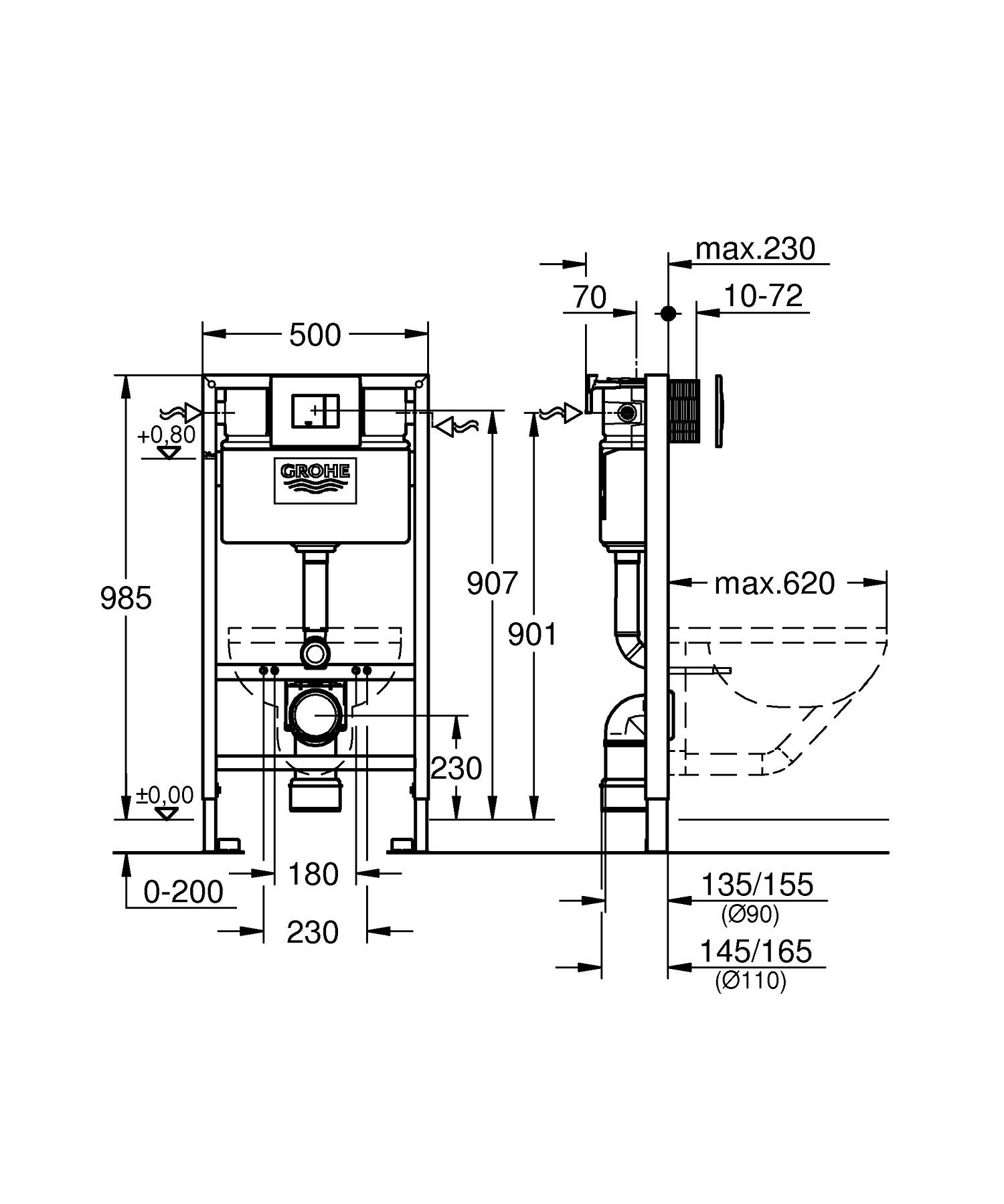 Cadru WC 3in1 Grohe 38888000, 985 mm, 500 mm, 110, 90 mm, 480 mm, 2 moduri spalare, incastrat, suport perete