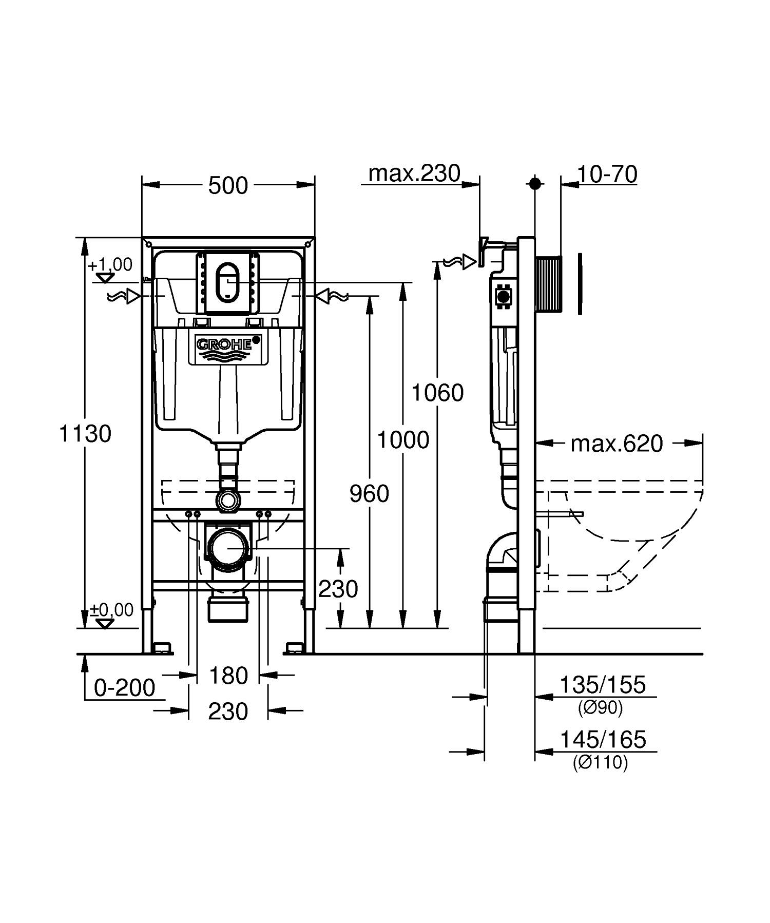 Cadru WC 3in1 Grohe 39503000, 1130 mm, 500 mm, 110, 90 mm, 480 mm, 2 moduri spalare, incastrat, suport perete