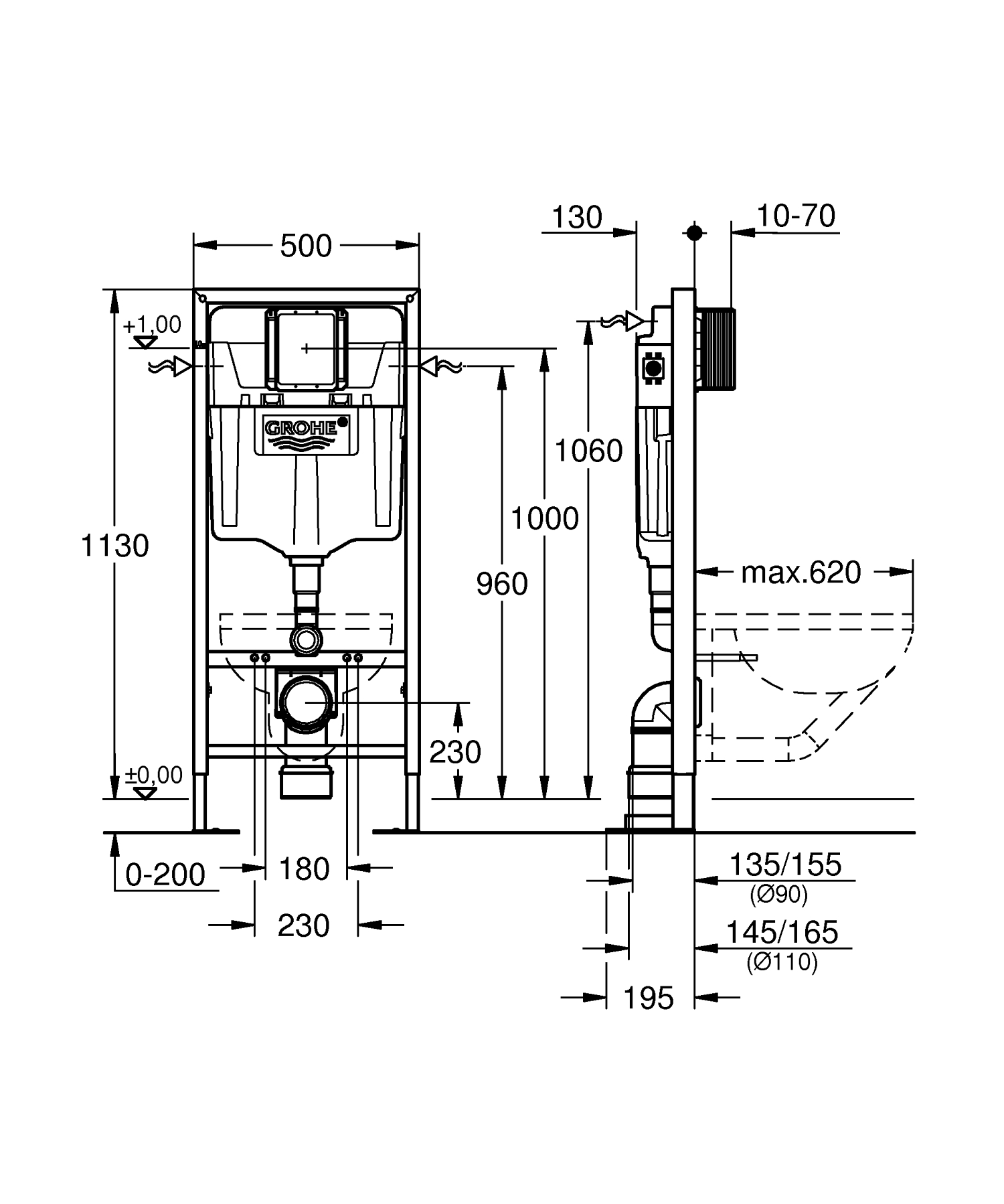 Cadru WC Grohe 38584001, 1130 mm, 500 mm, 90, 110 mm, 480 mm, 2 moduri spalare, incastrat, uscata, otel