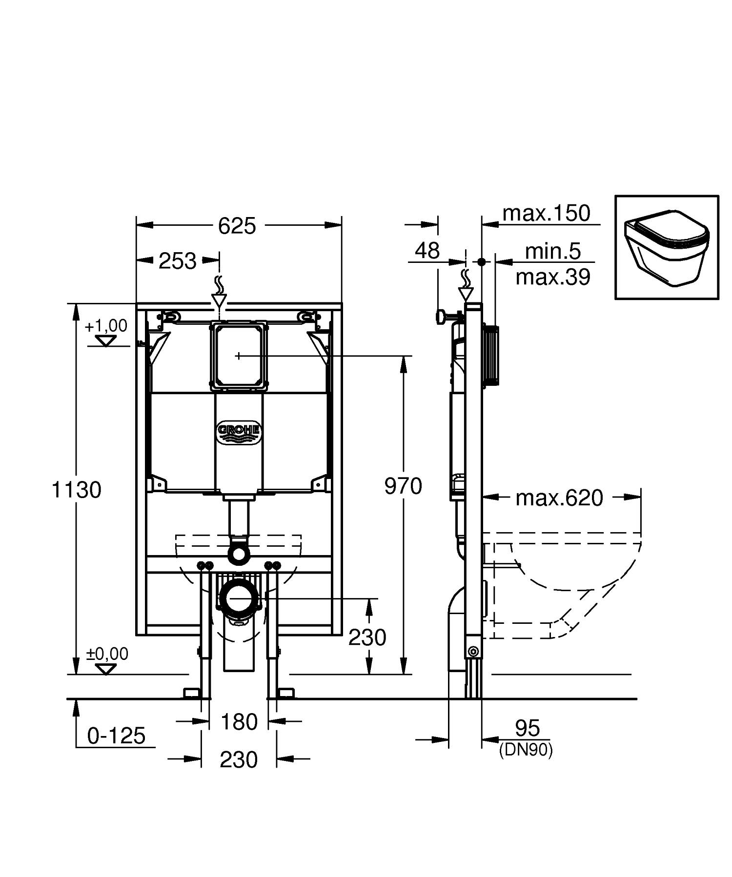Rezervor Grohe 38994000, Cadru Rapid SL Slim, tip instalare incastrat,