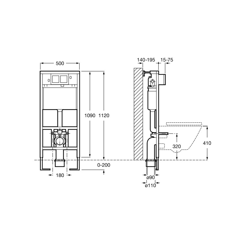 Cadru WC Roca A890090020, 1120 mm, 500 mm, 90, 110 mm, 180, 230 mm, 2 moduri spalare, incastrat, otel