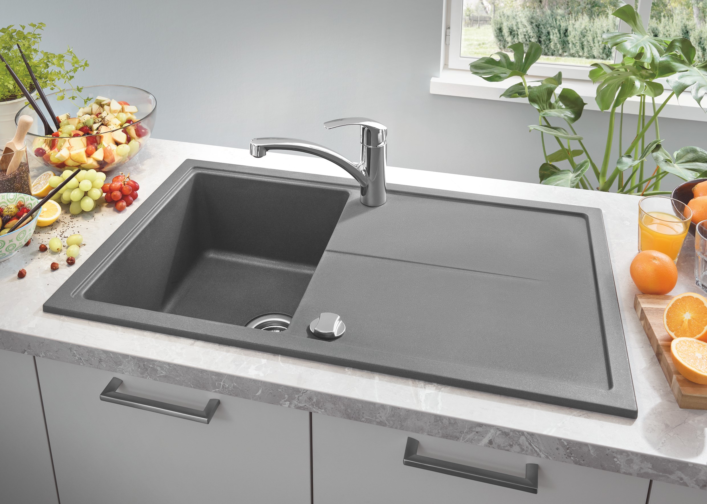 Grohe Chiuveta quartz grohe k400, 860 x 500 mm, reversibila, pe blat, evacuare, antracit, 31640at0