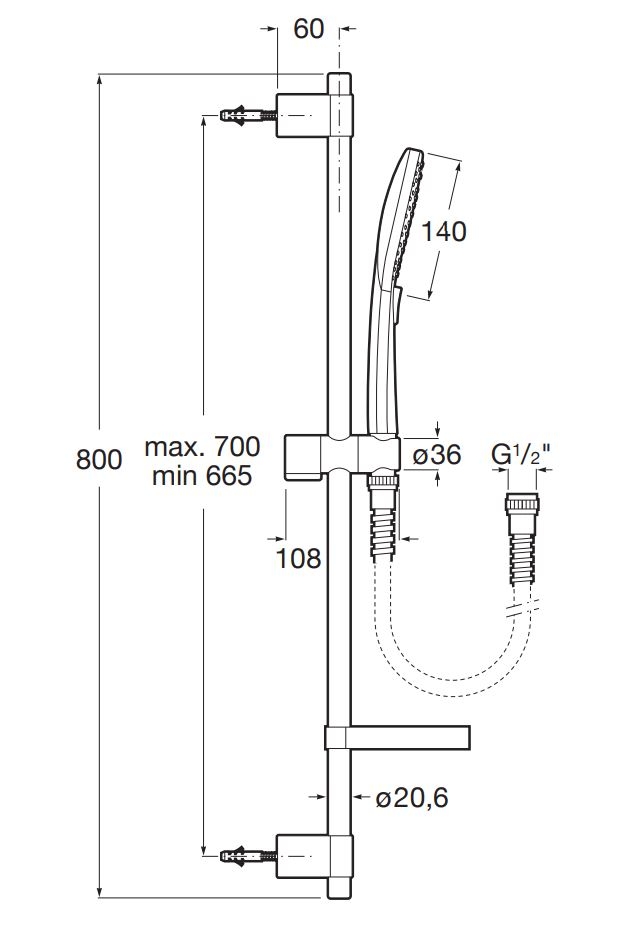 Coloana de dus Roca A5B1A10C00, dus Plenum, montaj aparent, numar func