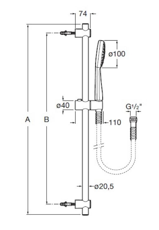 Coloana dus Roca A5B9D03C00, 1.7 m, 100 mm, 700 mm, 1 functii para dus, 1/2 conexiune furtun, conexiune universala, Crom