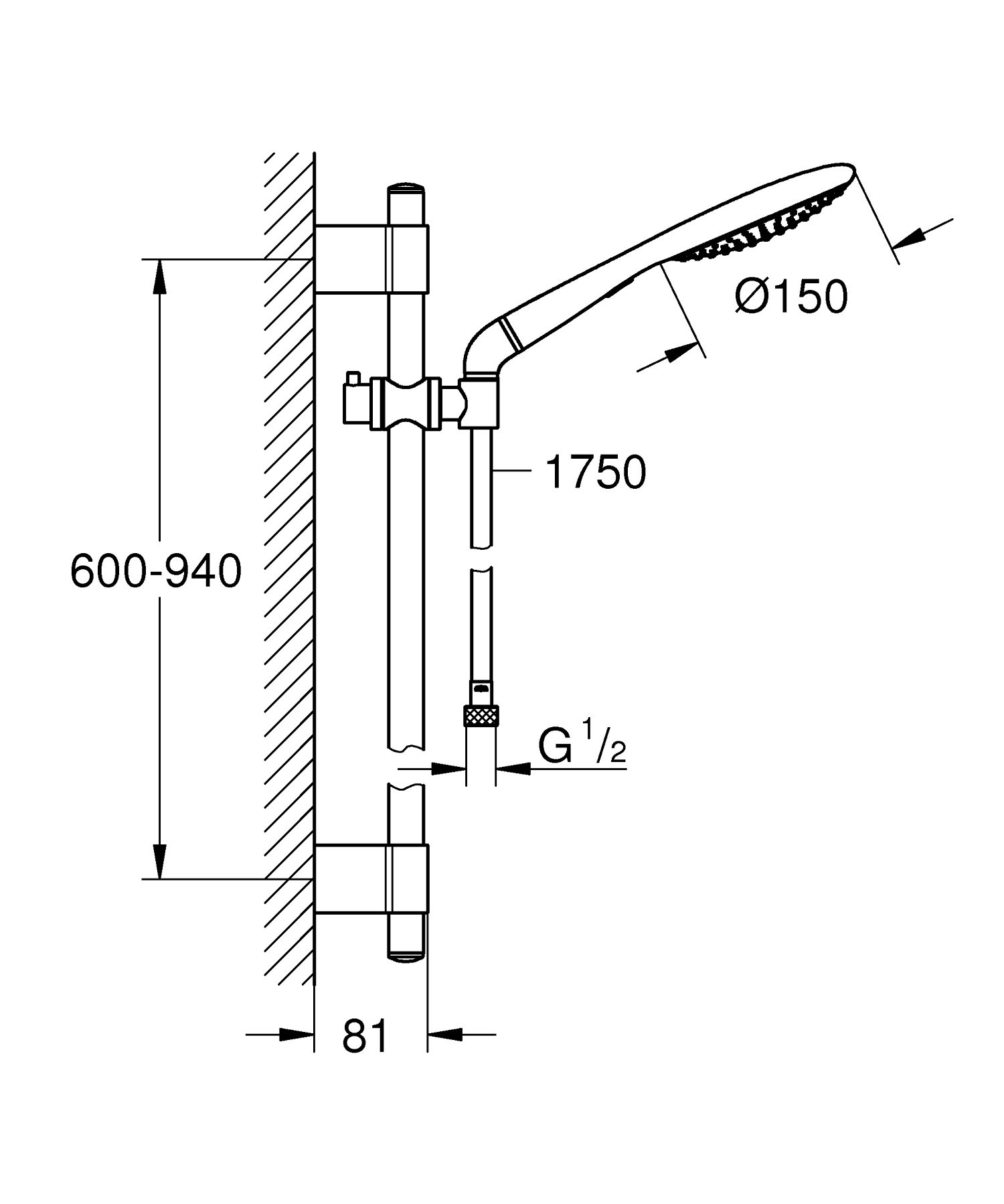 Coloana de dus Grohe 27273001, 1.75 m, 150 mm, 900 mm, 2 functii para dus, 1/2 conexiune furtun, Crom